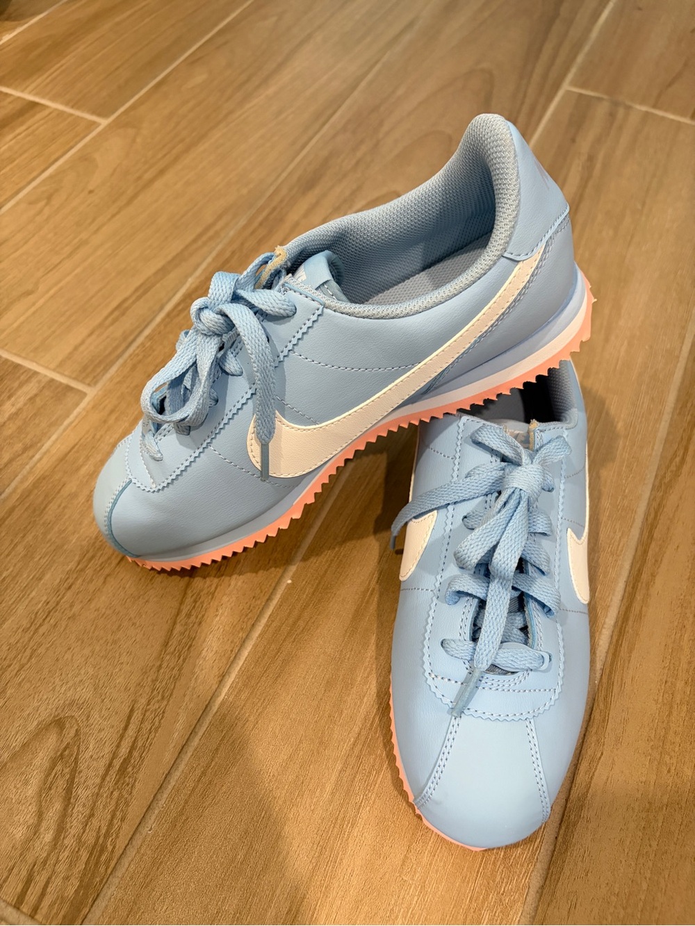 Nike Cortez Women's Light Blue & White Retro Runner Sneakers with Peach Sole